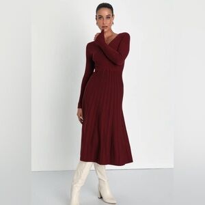 Lulu’s Cozy Inspiration Burgundy Ribbed Skater Midi Sweater Dress